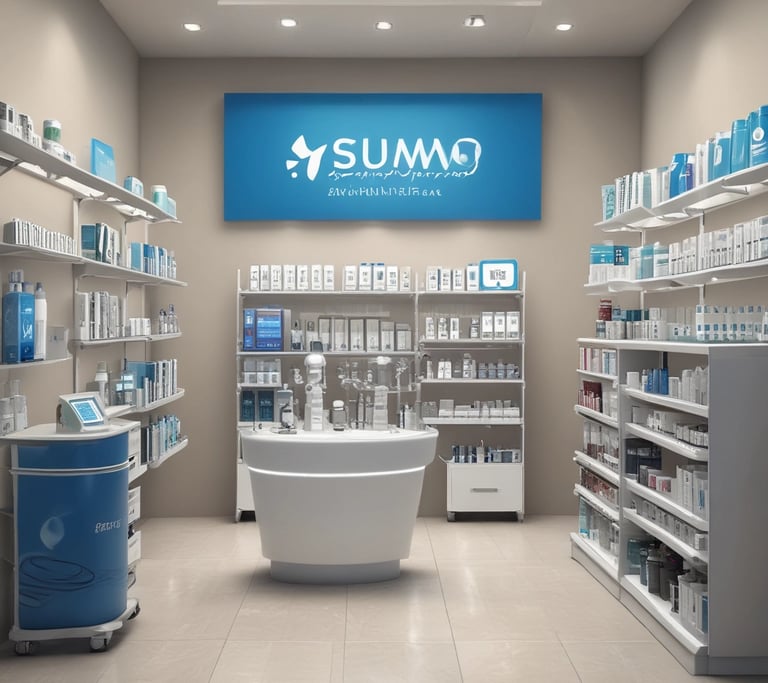 A shop window display featuring various toiletries and personal care products. Items include boxed perfumes, a candle, bath salts, and various bottles of lotions and creams. The presence of a dentist's tooth model and toothpaste at the forefront adds a focus on dental care. The word 'DRUG' is prominently displayed on the glass, suggesting a pharmacy or apothecary setting.