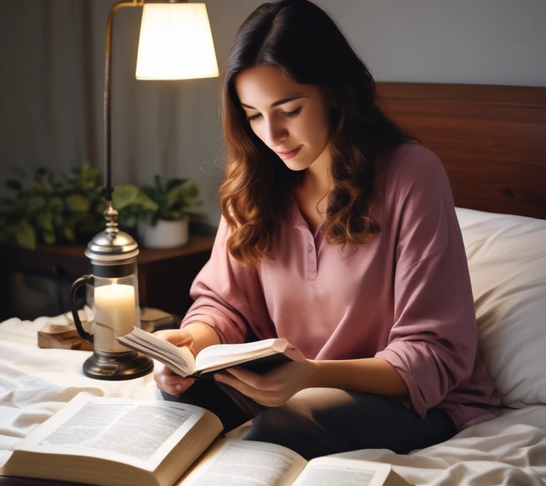 a woman having her quiet time studying the bible and reading her journaling notes sitting on a bed