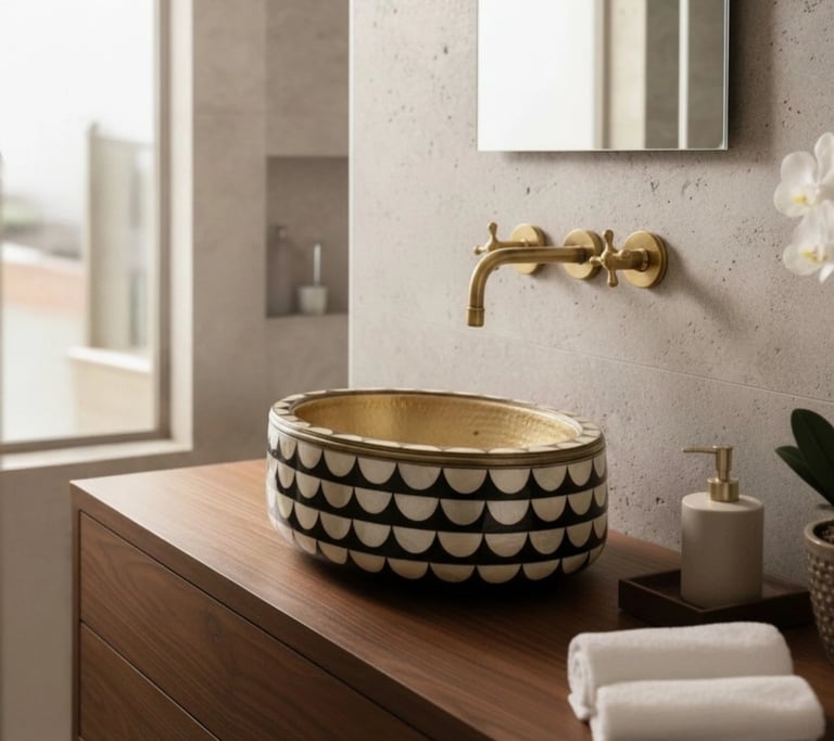 sale de bain avec vasque en cuivre et texture noir et blanc atlasinou artisant