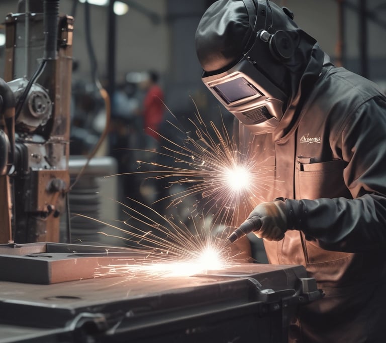 A friendly professional in a workshop holding welding tools with metal structures in the background.