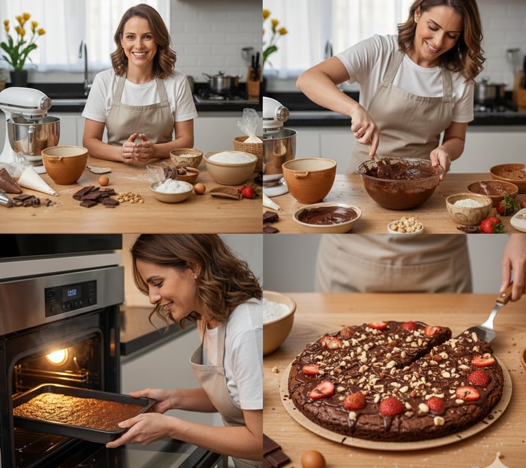 Smiling woman baking a homemade chocolate cake with strawberries and nuts in a modern kitchen.