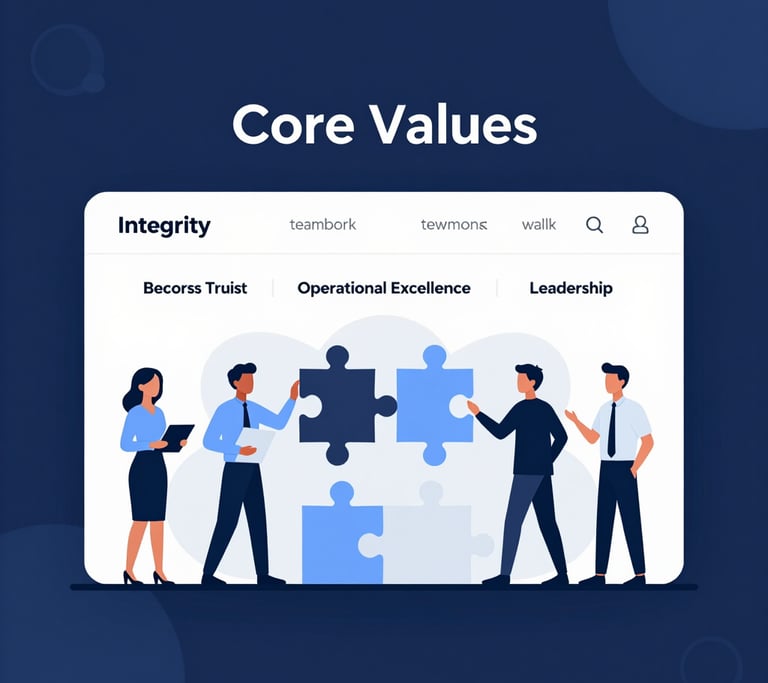 A clean blue-themed grid layout displaying icons representing core values.