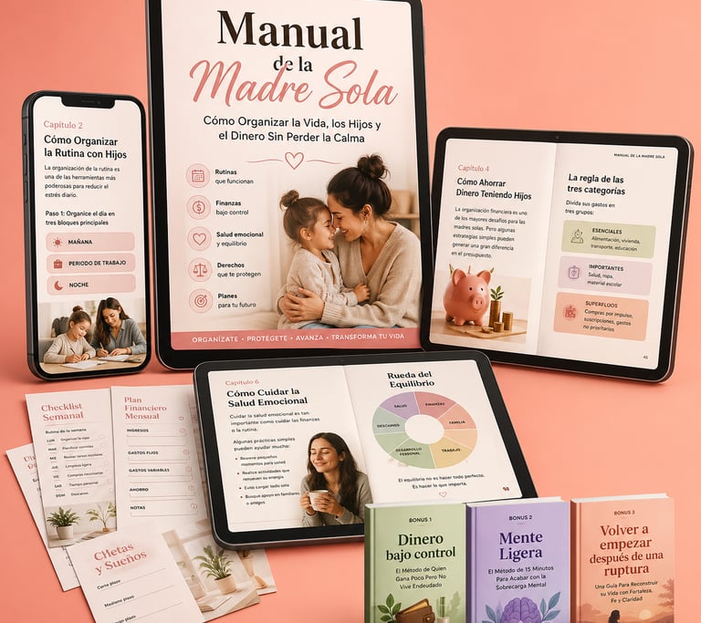 Digital tablets and printed guides showing the Manual de la Madre Sola for single mother organization and budgeting.