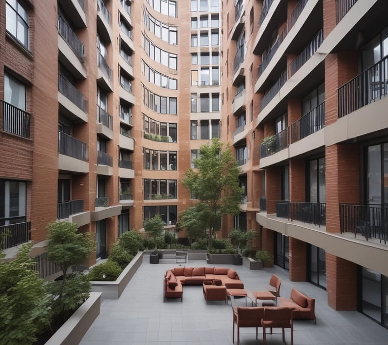 A friendly team member cleaning a bright, modern apartment building lobby in Toulouse.