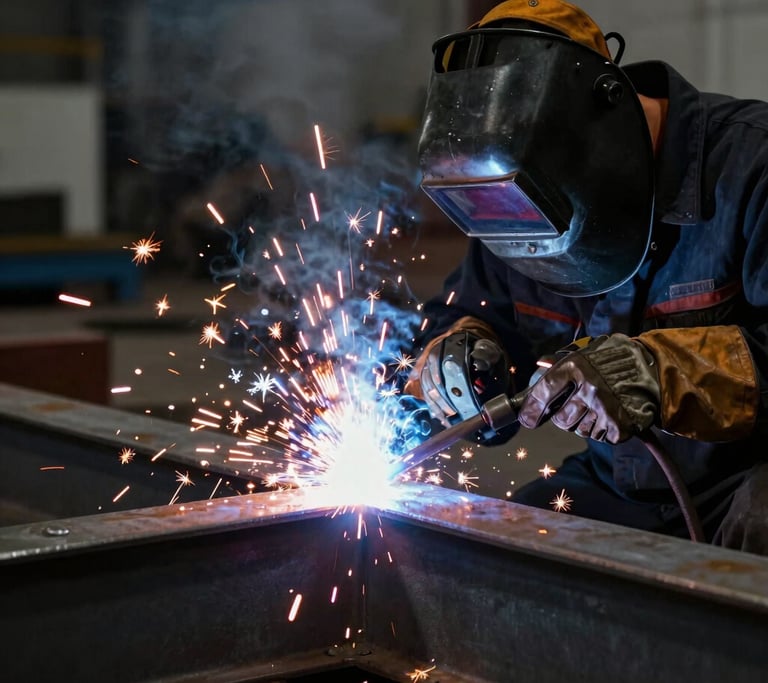Close-up of intense welding sparks flying from a heavy steel beam, a certified welder in dark protective gear, dramatic industrial lighting, sharp focus, 35mm lens