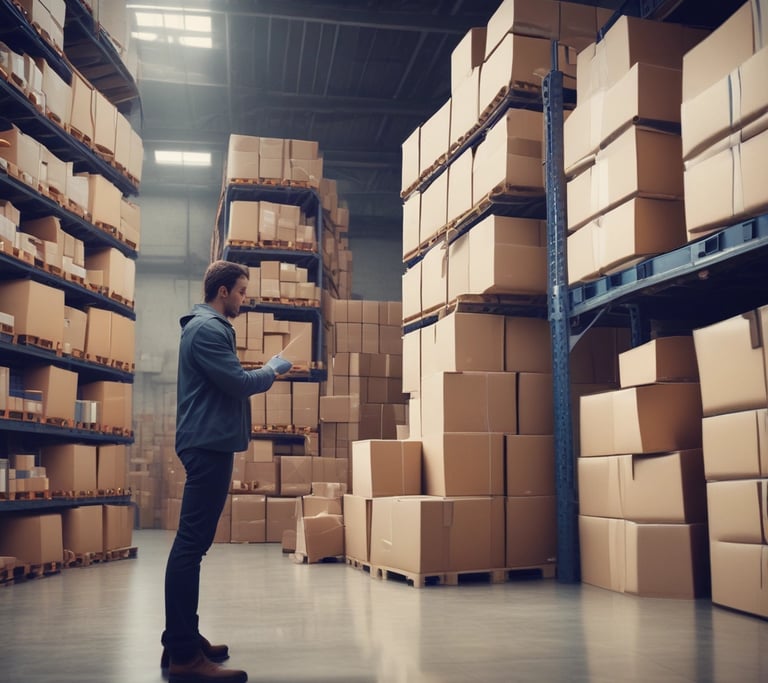 A professional reviewing shipping invoices on a laptop with parcel boxes in the background.