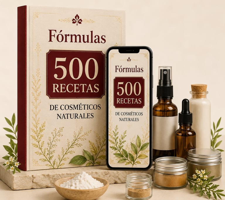 Natural cosmetic recipe book and digital ebook next to skincare ingredients, bottles, and jars.