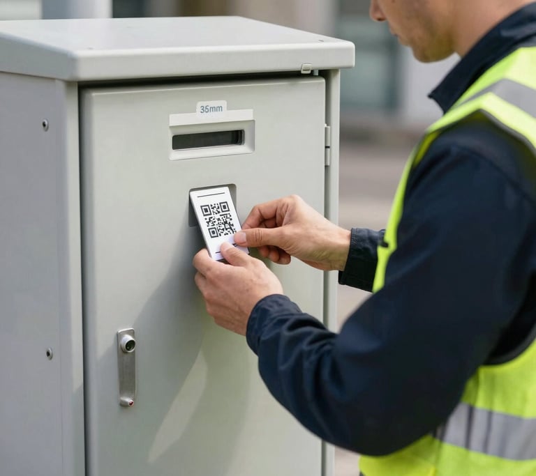 Close-up of a Swiss municipal worker in a high-visibility vest scanning a QR code on a public utility box, bright natural daylight, crisp neutral tones, 35mm