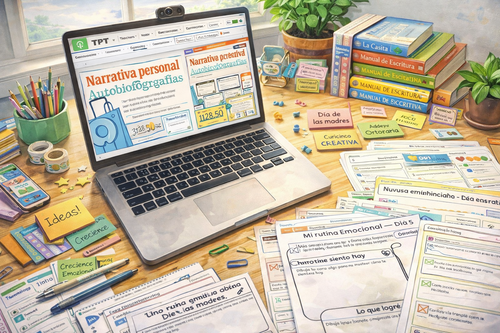 Computadore de CuriosaMente Creativa creando recursos educativos 