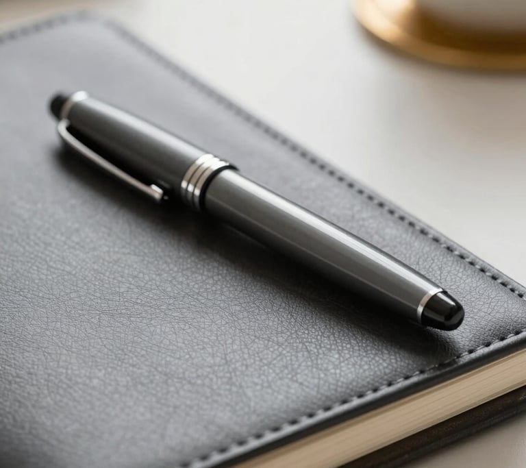 Close-up photography of a sleek, dark slate grey fountain pen resting on top of a leather-bound business planner. In the background, a blurred modern workspace with soft off-white lighting and a hint of muted gold decor.