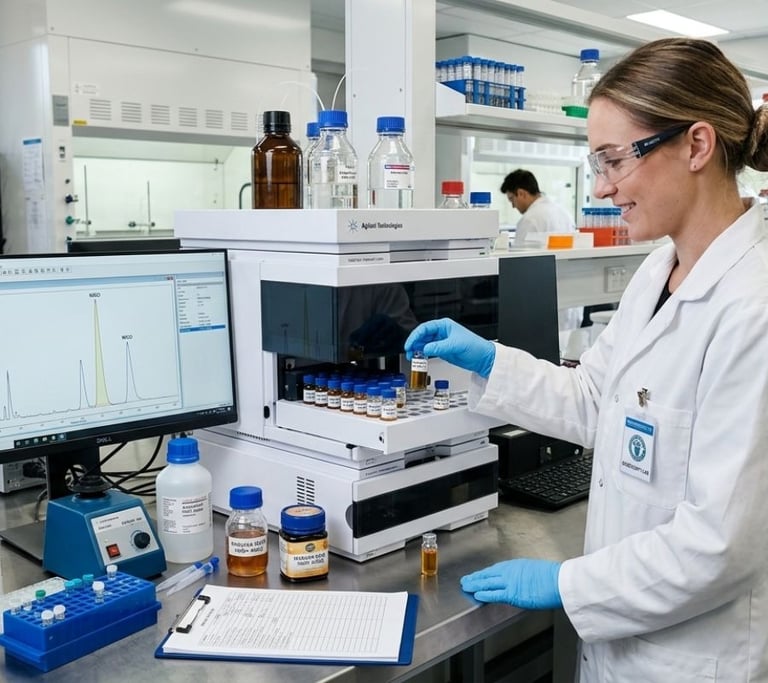 A female scientist in a lab uses HPLC equipment for honey chemical analysis.