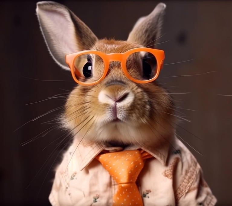 a rabbit wearing a tie and orange tie and glasses