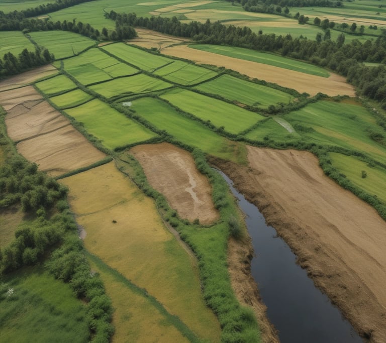 Several agricultural fields are visible in an aerial view with geometric patterns. The fields are separated by thin dirt roads or embankments and display different colors due to variations in crop types, soil, or water conditions.