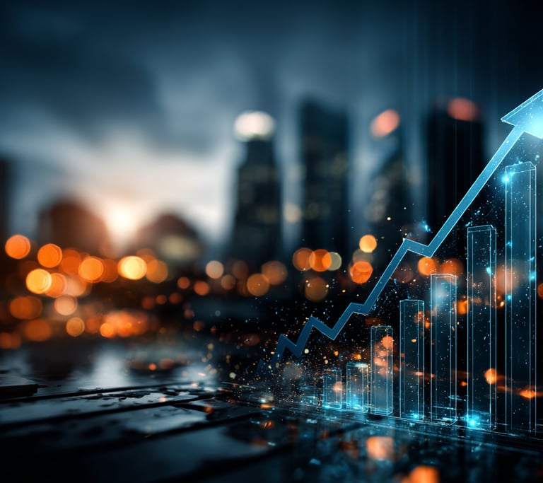 Gráfico de crecimiento ascendente luminoso sobre fondo de ciudad, representando el éxito