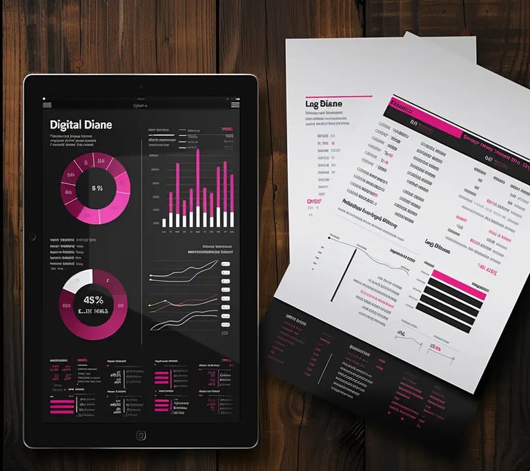 Una tablet que muestra un dashboard vibrante con visualizaciones de datos y gráficos al lado de impresiones de informes analí