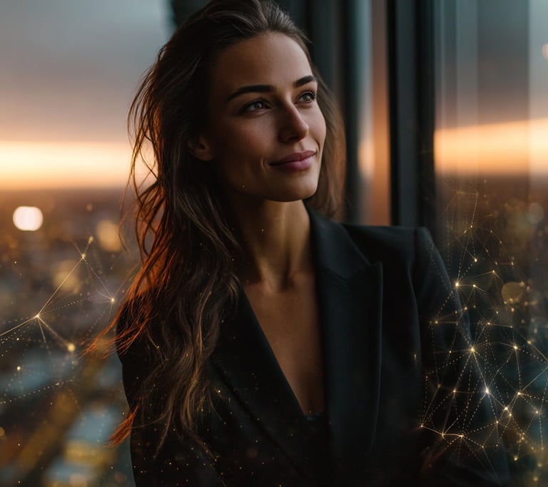 Profesional mirando al horizonte con confianza y un gráfico de crecimiento tras  un mentoring