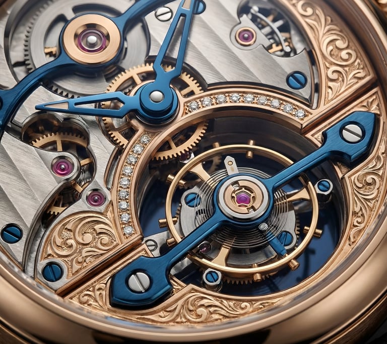 Macro photograph of a tourbillon movement.