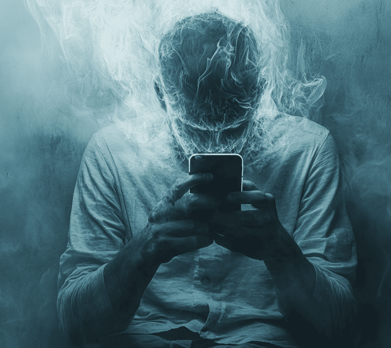 a man in a white shirt is holding a cell phone