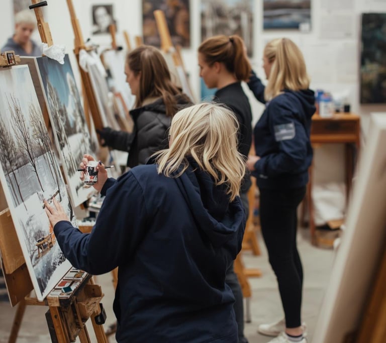 a group of people standing around a painting
