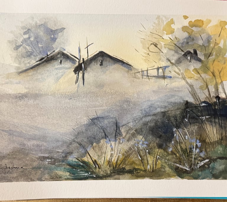 Serene landscape watercolor painting "Misty Awakening" by Diana Q, evoking calm and new beginnings i