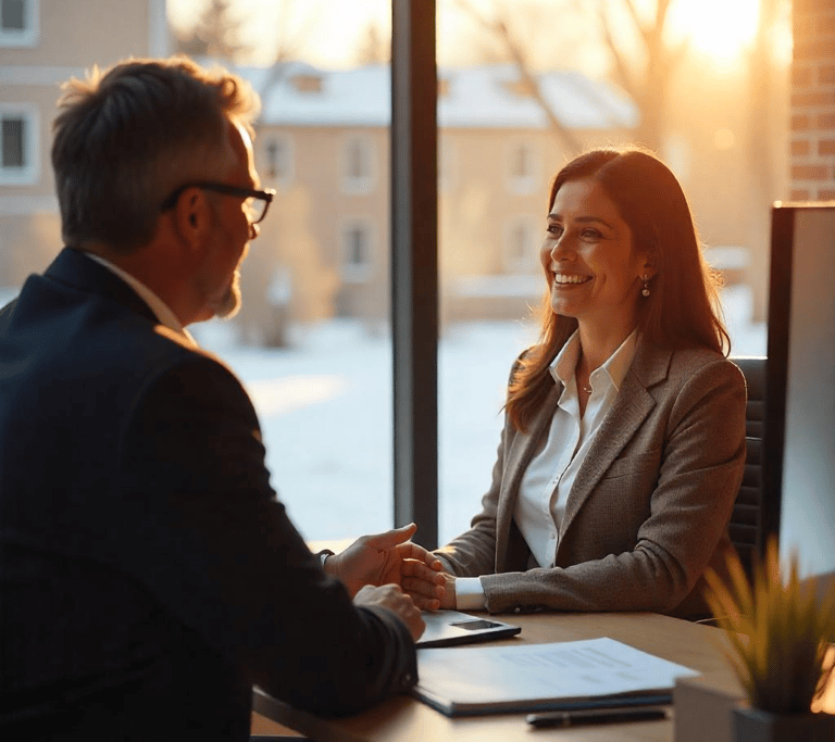 Asesora de seguros con cliente en oficina, oportunidades de trabajo Infoseguros LLC