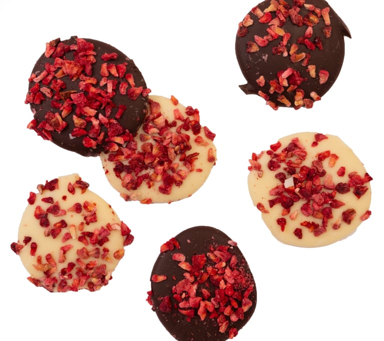 Chocolade schijfjes met framboos wit en puur