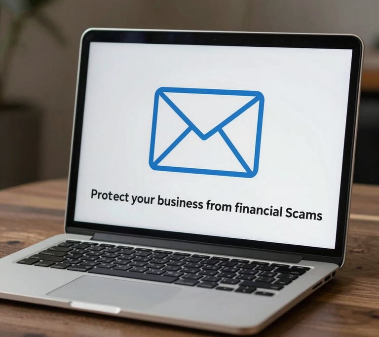 Laptop with an email icon and text about protecting your business from financial scams.