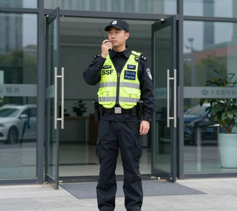 A top-down, clean photography shot of a professional security tablet and two-way radio on a dark gray desk, representing high-tech vigilance and readiness in a North American professional setting.