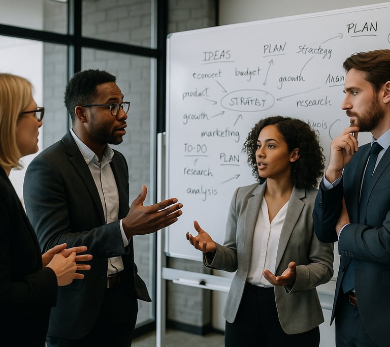Professional team brainstorming a business plan on a whiteboard.