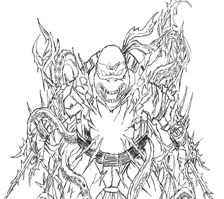 Detailed line art drawing of a Teenage Mutant Ninja Turtle entangled in thorny vines and tentacles.