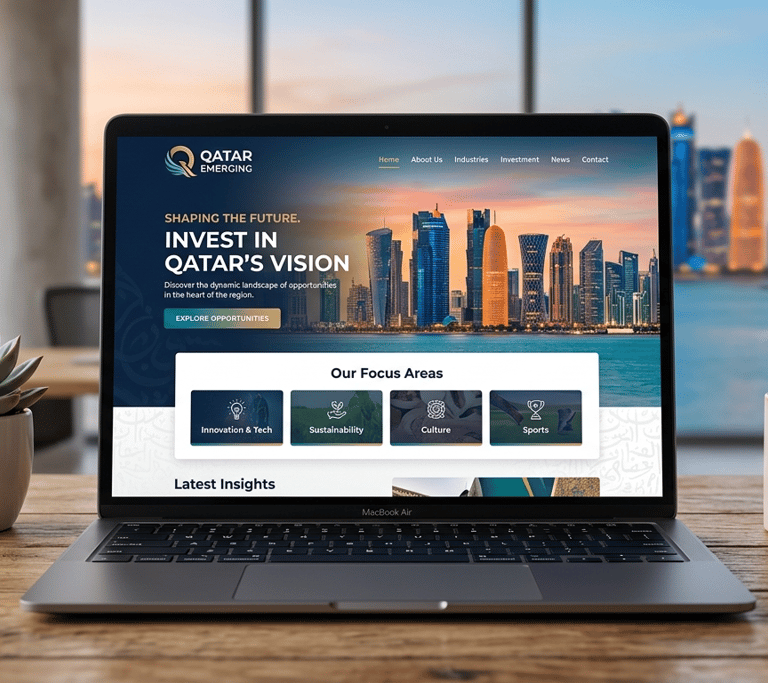 A MacBook Air displaying the Qatar Emerging investment website on a wooden desk with a Doha skyline view.