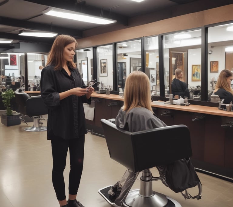 A stylist cutting a woman's hair in a cozy salon setting.