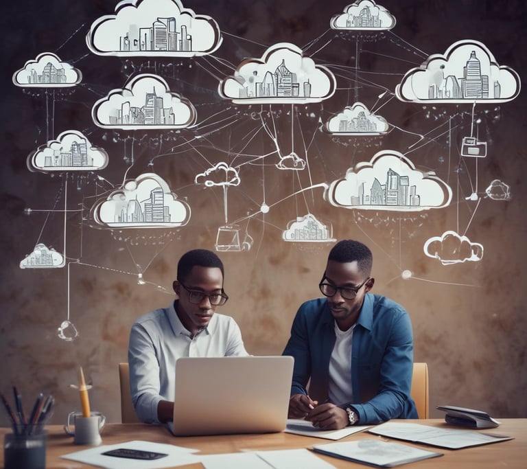 A africanteam of cybersecurity experts collaborating over digital security plans in a modern office.