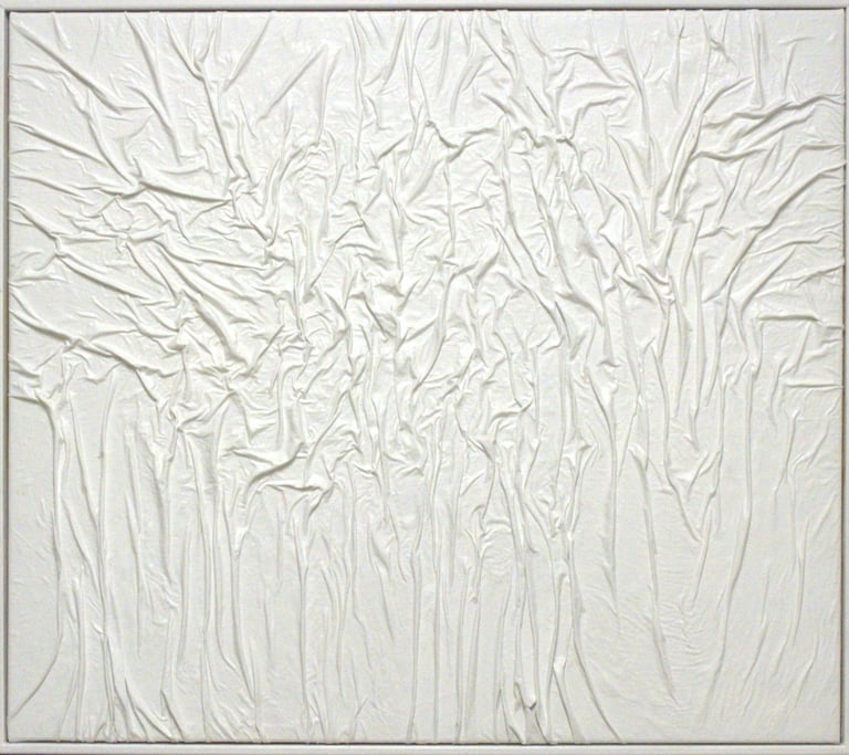 Minimalist white monochromatic textured relief painting on canvas featuring organic fabric-like folds.