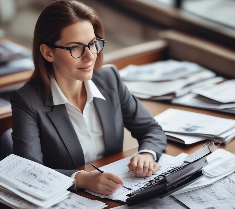 a woman in a suit and glasses is sitting at a desk
