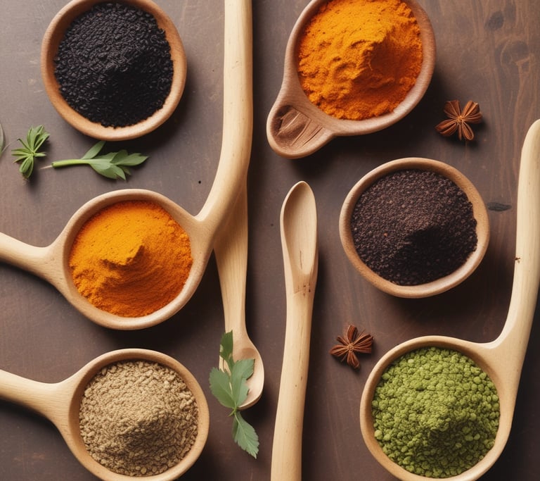 Indian spices in wooden spoons: cumin, turmeric, and coriander seeds