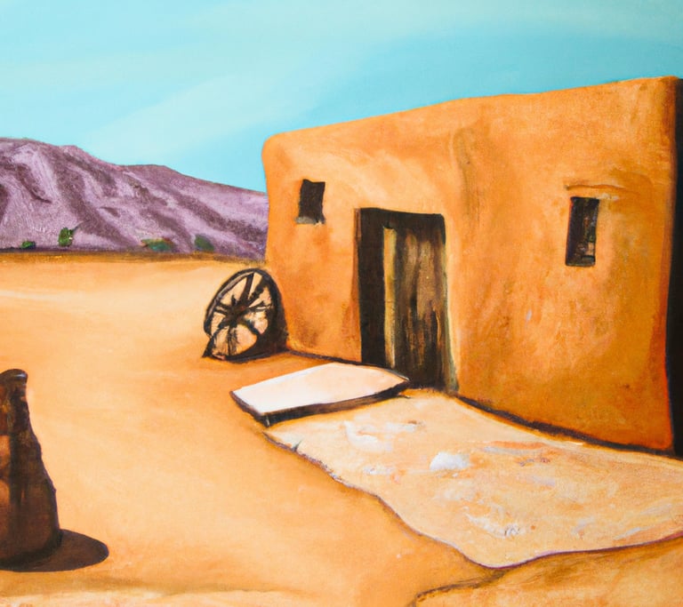 a painting of a house with a wagon and a wagon
