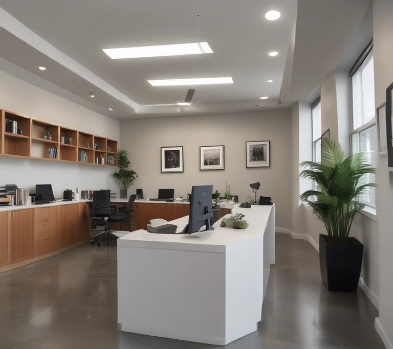 A welcoming real estate agent smiling while holding a clipboard in a modern office