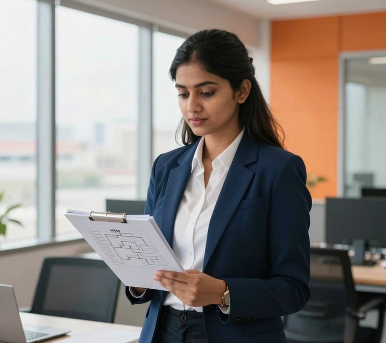 A professional young Indian woman in a bright, modern corporate office in Kochi, looking confident, holding a notebook with structured HR flowcharts, soft natural window light, 35mm