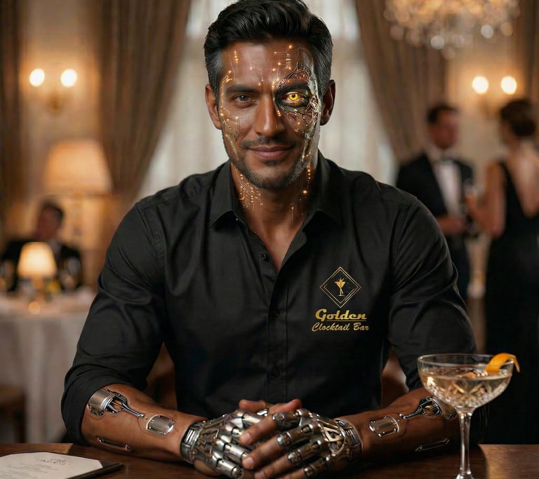 A male cyborg with robotic hands and glowing facial circuits sits at a cocktail bar with a drink.
