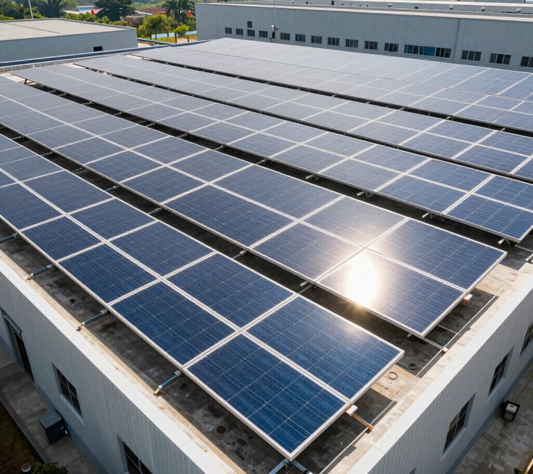 Crisp wide angle shot of a massive coplanar rooftop solar array on a Pune factory, bright midday sun reflecting off the panels, clean lines