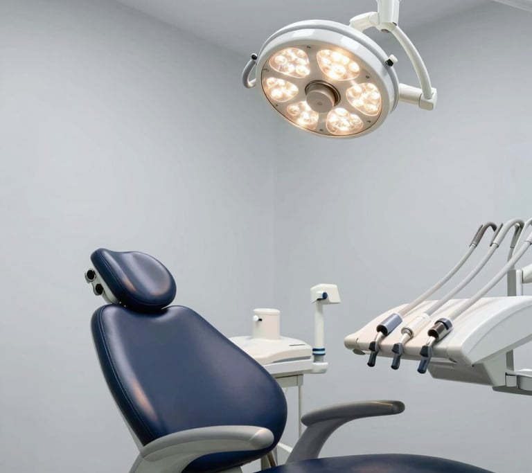 Modern ergonomic dental unit chair with overhead LED operating light, chrome and white sterile finishes, soft clinical lighting