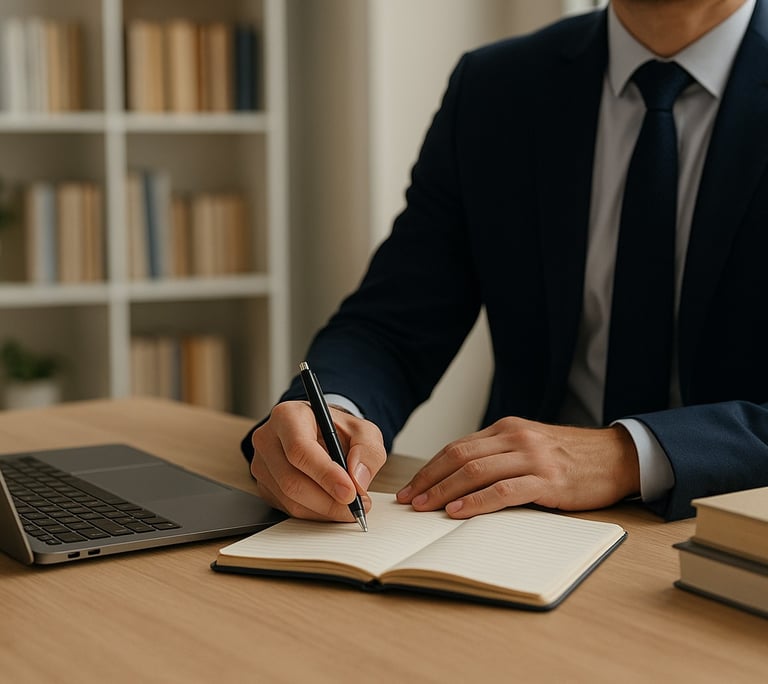 Man at a desk with a laptop and notebook, reflecting on who can benefit from expert English support