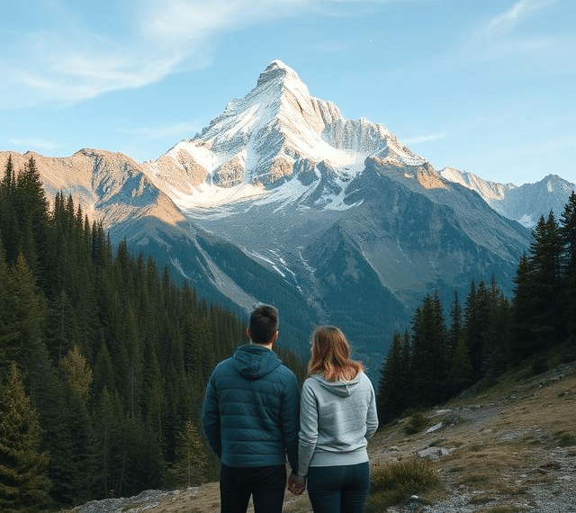 A couple trekking along a mountain ridge at sunrise