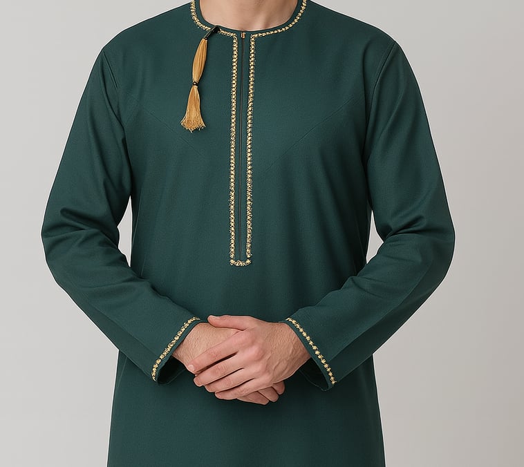 a man in a green dress with a gold tassell