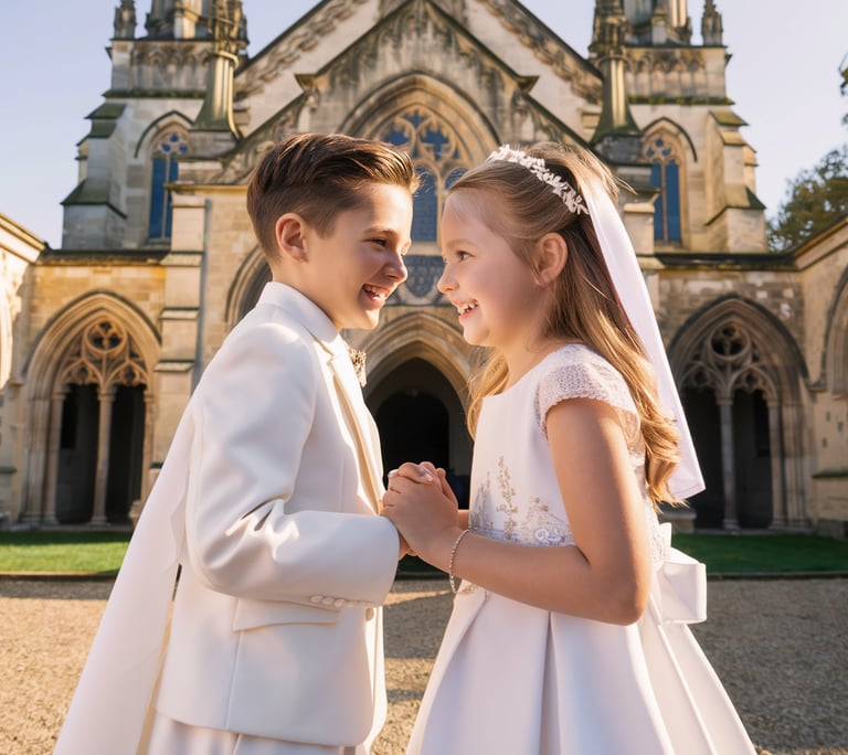 A boy and a girl at their first communion ceremony