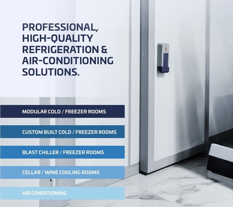 Solutions including cold rooms, freezer rooms, and air conditioning systems