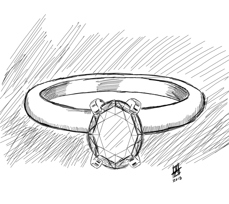 Vista Superior Dibujo Sketch Anillo de Compromiso Solitario Corte Ovalo 