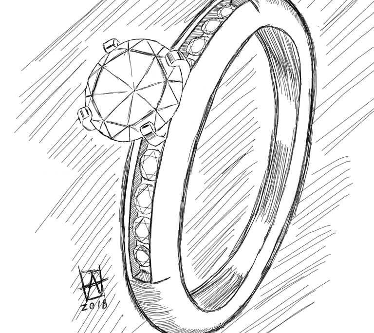 Dibujo Sketch de Anillo de Compromiso Oro Blanco 14k con Diamantes Laterales