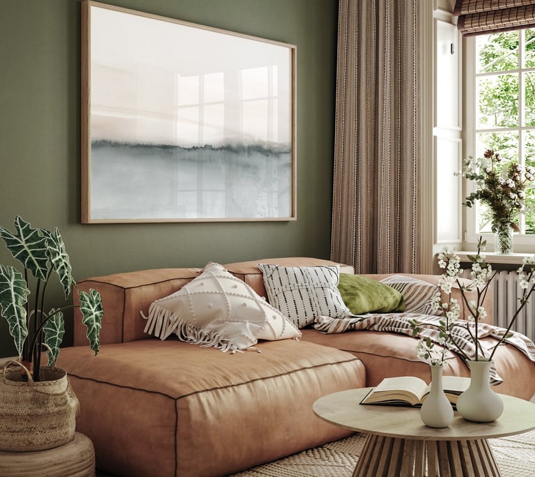 Minimalist abstract landscape with soft grey-beige gradients framed above a leather sofa
